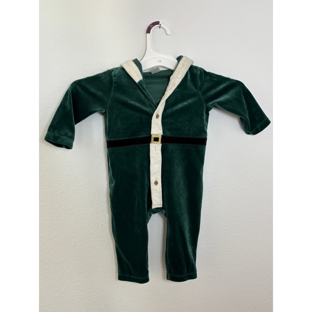 Carters Baby 9M Green Velour Christmas Elf Santa Hooded Coverall One Piece